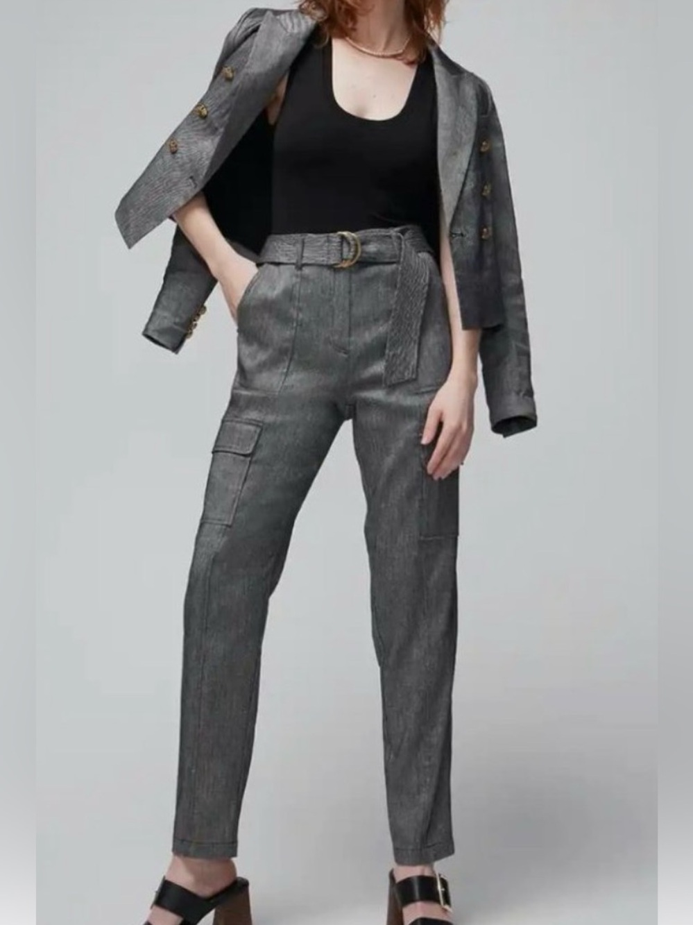 White House Black Market Heather Gray Linen-Blend Trousers with Gold Hardware
